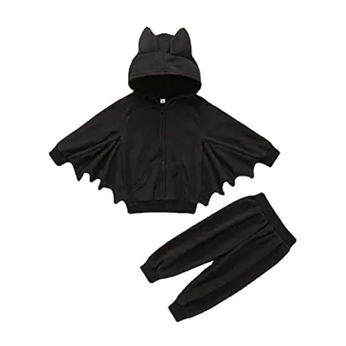 Produktbild: LOIJMK Halloween Kleinkind Kinder Kind Säugling Neugeborenes Baby Mädchen Fledermaus Langarm Kapuzenbluse Tops Feste Hosen Hosen Kleidung Set 2 STÜCKE Outfits Anzüge Für Jungs (Black, 18-24 Months)