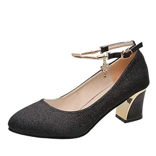 Produktbild: Damen niedrigem Blockabsatz Pumps, Glitzer Hochzeitsschuhe Pumps Eleganz runder Kopf Pump mit Blockabsatz Perfekt für Party täglich Dating Frühling Sommerschuhe Schwarz,40