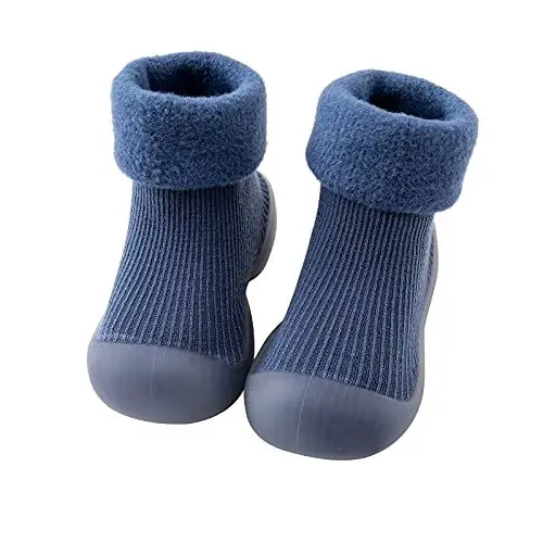 Produktbild: LOIJMK Kinder Kleinkind Baby solide warm strick weiche einzige Gummi-Schuhe Socken Slipper strumpfweiche Schuhe Socken Hausschuhe Von Elefanten (Blue, 22)