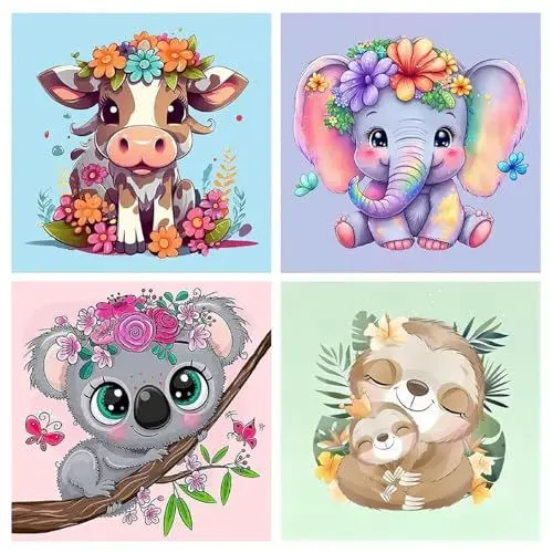 Produktbild: LOITTAINUE Malen Nach Zahlen 4 Stück ab 5 6 7 8 9 Jahre Mädchen und Jungen - DIY Malen Nach Zahlen Tiere für Kinder und Anfänger mit Pinsel und Acrylfarben 20 X 20cm (B)