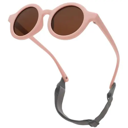 Produktbild: LOJUDI Baby Sonnenbrille 0-24 Monate, Polarisierte mit Riemen Verstellbar Weicher Silikonrahmen Rund Kinder UV400 Schutz Sonnenbrille Baby für 0-2 Jahre - Rosa Rahmen