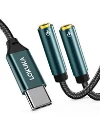 Produktbild: LOKUKA USB C Kopfhörer Splitter Adapter, USB C auf 2 TRRS 3.5mm Audio Splitter Verlängerung mit Hi-Res DAC Chip für Zwei Kopfhörer, Lautsprecher, TRRS Mikrofone auf USB-C Handy, Laptop, Pad (30cm)