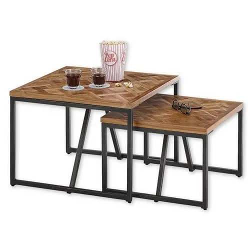 Produktbild: LOLA Beistelltisch 2er Set, Teak-Holz recycelt - Hochwertiges Couchtisch Set mit schwarzem Metallgestell - 60 x 45 x 60 cm (B/H/T)