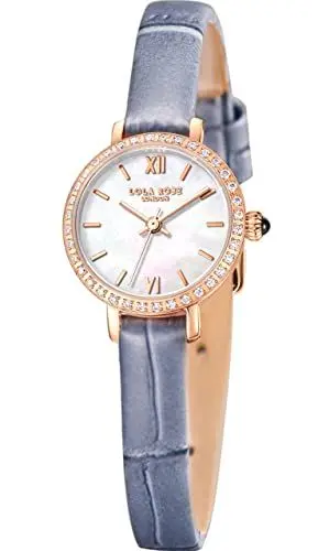 Produktbild: Lola Rose Damen-Kleinuhr mit Perlmutt-Zifferblatt & Lederarmband - 22mm Schmuckdesign mit Synthetischen Edelsteinen und 6,5mm Ultraflachem Gehäuse (30m Wassergeschützt inkl. Geschenkbox)