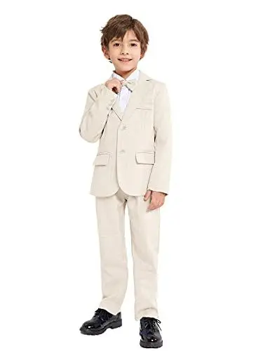 Produktbild: LOLANTA 3-teiliges Jungen Plaid Anzug Set, Eleganter Blazer für Hochzeits-Abschlussball, Formelle Kleidung Jacken-Hose-Fliege Set(Beige,7-8 Jahre,Etikettengröße 130)