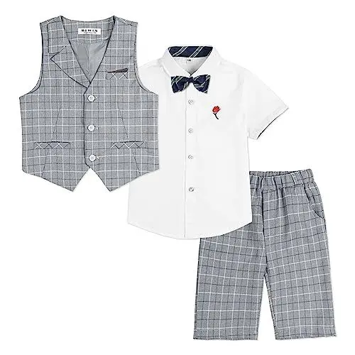 Produktbild: LOLANTA 4-teiliger Kinder Freizeit Anzug Set, Jungen Sommer Festlich Hochzeitsanzug, Kurzarm Hemd, Fliege, Weste, Kurze Hose, Grau kariert, 6-7 Jahre, 140