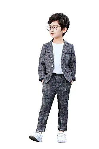 Produktbild: LOLANTA Kinder Grau Anzug, 2-teiliges festliches Set für Jungen, Hochzeits-Party-Outfits, Karierter Blazer und Hose, Abschlussball-Anlasskleidung, Dunkelgrau, 6-7 Jahre, 120