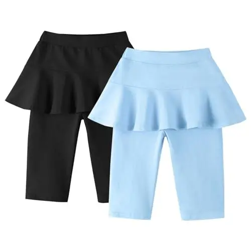 Produktbild: LOLANTA Mädchen Knielange Leggings mit Rock, Sommer Flare Rocked Shorts, Schulsport Carpi für Kinder, 2 Pack, Schwarz+Blau, 8-9 Jahre, 140
