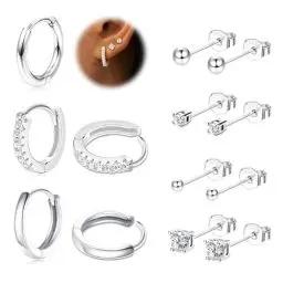Produktbild: LOLIAS 7 Paar Ohrringe Silber 925, Ohrstecker Silber 925 für Damen und Mädchen Hypoallergene Huggie Ohrringe und Ohrringe Set Kleine Schlaf-Ohrstecker für Mehrere Piercings