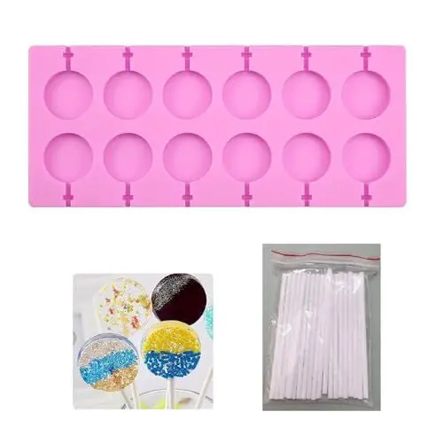 Produktbild: Lolli Silikonform Schokoladenform Silikon Runde Lutscherform aus Silikon 12 Löcher mit 20 Lutscher Stiele für Schokolade Lutscher Herstellen