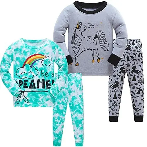 Produktbild: LOLPIP Mädchen Schlafanzug Tie Dye Bedruckte Nachtwäsche Regenbogen 100% Baumwolle Pyjamas für Kinder Einhorn Schlafkleidung Langarm 4 Stück Set 3 Jahre