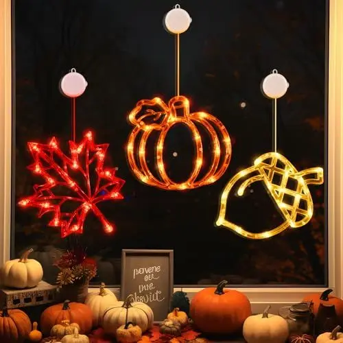 Produktbild: LOLStar Thanksgiving Deko, Herbst Fenster Lichter mit Saugnäpfen Eichel AhornBlätter Kürbis LED Lichter, Batteriebetrieben (nicht enthalten) 2024 Upgrade Slow Fade Modus Timer Herbst Deko Indoor