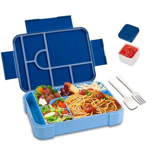 Produktbild: lompyeu Brotdose Kinder mit Fächern, 1330ML BPA Frei Jausenbox Kinder (Löffel & Gabel), Wiederverwendbar Bento Box，Lunchbox Vesperdose für Schule,Picknick, Mikrowellen (blau)