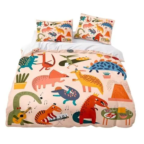Produktbild: LOMUG Kinderbettwäsche 100x135 cm mit Dino-Motiv, Kopfkissen und Bettdeckenbezug, BabybettwäscheKinder, Baby Bettwäsche Set, Bettwäsche für Mädchen Jungen, maschinenwaschbar (Dino-C)