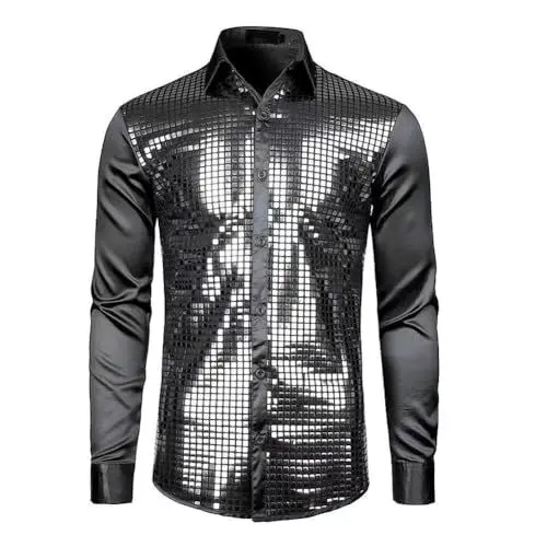 Produktbild: LOMUG Men in Black Kost체m, Herren Kleidung 70er 80er Disco Party Kost체m, Pailletten Hemd 70er Hemd Herren Langarm Herren-Hemd Slim Fit Hemden Hemd M채nner Kost체m f체r Karneval Kinder Erwachsene, XXL