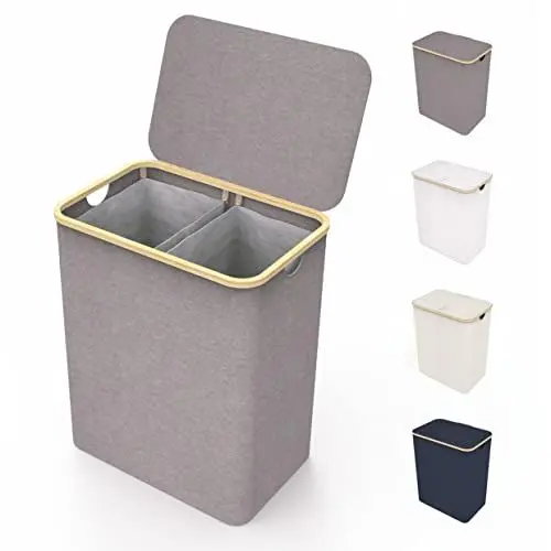 Produktbild: LONBET Wäschekorb mit Deckel & 2 Fächer 150L Groß - Wäschesammler Atmungsaktiv mit Stabilem Bambus-Rahmen - inklusive Herausnehmbarem Wäschesack Waschbar - Laundry Baskets Wasserdicht | Grau