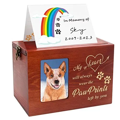 Produktbild: Long Outdeer Urne Hund, Tierurnen für Hunde 1 Liter, Holz Urnen für Hunde mit Fotorahmen Souvenirs, Haustier-Erinnerungsgeschenk für den Verlust von Hunden/Katzen