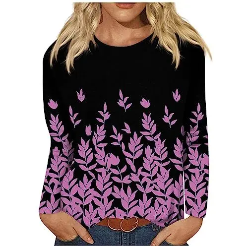 Produktbild: Long Pullover Damen Langarm Langarm-Shirts Für Frauen - Damen-T-Shirts Langarm-Crew Neck Shirts Basic Tee Sort Comfy Gedruckt Tops Bluse M