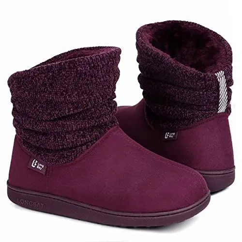 Produktbild: LongBay Damen Hausschuhe Warme Chenille Strick Booties Weiches Suedette Fluffy Kunstfell Memory Foam