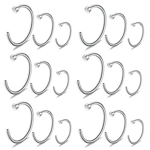 Produktbild: Longbeauty 18 Pcs 20 Gauge Edelstahl Nasenpiercing Set C-förmige Nasenring Nasenstecker Ohr Lippe Tragus Helix Knorpel Hoop Ringe Körper Schmuck Piercing Silber