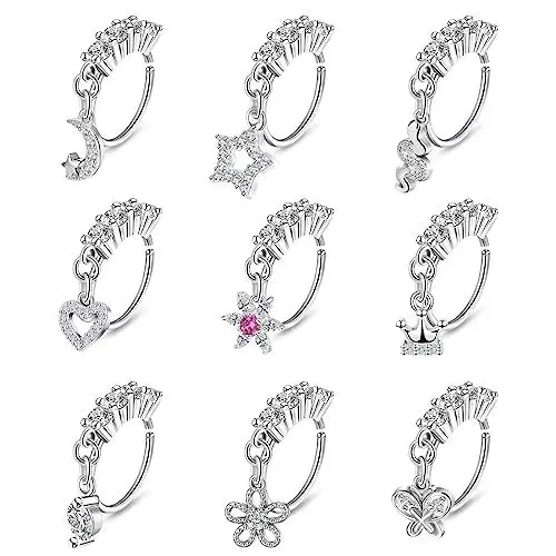 Produktbild: Longbeauty 20G Nasenpiercing für Frauen Männer Edelstahl Nasestecker Dangle Baumelnde Hoops Spirale C-förmiger Nasenring CZ Nostril Körperpiercing, 9 Stk, Silber