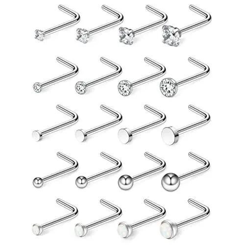 Produktbild: Longbeauty 20 Gauge Damen Nasenringe 20 Pcs CZ Nasenpiercing Schmuck L Form Nase Studs Nostril Piercing Ohrstecker mit Zirconia Edelstahl Nasenstecker, Silber