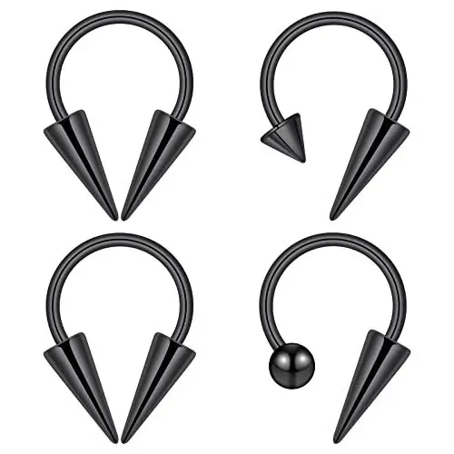 Produktbild: Longbeauty 4 Pcs 1.2mm Edelstahl Cartilage Tragus Helix Hufeisenringe Ohrringe Lippenringe Nasenringe Piercing Schmuck für Frauen Männer, Schwarz, 12mm Innendurchmesser