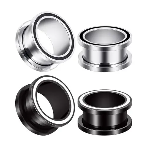 Produktbild: Longbeauty 4er Set Edelstahl Flesh Tunnel 316L Ohrtunnel Fleshtunnel Plugs Ohr Piercing Schmuck mit Schraubverschluss Schwarz Silber Herren Damen Expander Dehnschmuck, 8mm