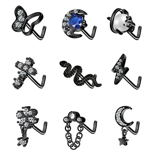Produktbild: Longbeauty 9 Pcs Nasenringe 20G Nasen Studs L-Form Spirale Nasenstecker Chirurgenstahl CZ Zirkonia Nasenpiercing für Damen und Herren, Schwarz