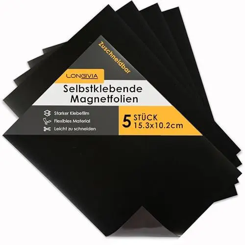 Produktbild: Longivia® 5 Stück Magnetfolie Selbstklebend Stark Zuschneidbar - Magnete zum Basteln für Kühlschrank Auto Fotos – Magnetplatte 0,5mm - magnetpapier (15.3cm x 10.2cm) Magnetic Sheet