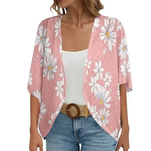 Produktbild: Longjacke Damen 𝐒ommer Elegant Damen Court Lock Frühling und Einfarbig Kreis Kurzarm Strickjacke Lässiges lockeres Oberteil WeißE Strickjacke Damen 𝐒ommer (Pink, L)