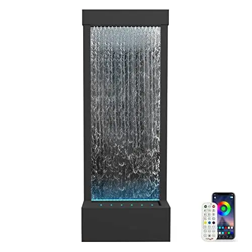 Produktbild: LONGRUN Gartenbrunnen Groß, Zimmerbrunnen Wasserfall mit APP Kontrolle LED Beleuchtung, 45,5x20x123cm Edelstahl Garten Wasserwand Innenbereich mit Pumpe, Moderne Zierbrunnen Wasserfall - Schwarz