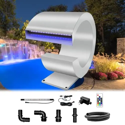 Produktbild: LONGRUN J -förmiger Wasserfall Spillway Edelstahl Swimmingpool Brunnen mit Farbwechsel LED -Licht, Außenteich Wasserfälle Kit für Garten Terrasse Pool Koi Teiche Dekoration -34 cm Höhe