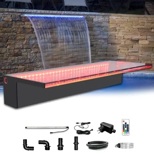Produktbild: LONGRUN Pool Wasserfall Bachlaufsets, Garten Brunnen mit Farbwechsel LED, Acryl Teich Wasserfontäne für Außengarten-90cm