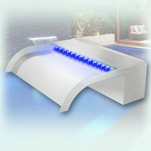 Produktbild: Longrun 30cm Teich Wasserfall Klingen Set, 304 Edelstahl Gebogener Wasserfall mit 7 Bluetooth Farben LED und Fernbedienung, Breite 25.5cm
