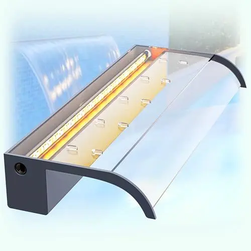 Produktbild: Longrun 60cm Teich Wasserfall Klingen Set, Acryl Gebogener Wasserfall Überlauf, Außenpool Brunnen mit 7 Farben Bluetooth LED Lichtern und Fernbedienung, Breite 26cm