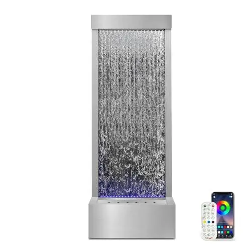 Produktbild: Longrun Large Garden Fountain, Indoor Fountain, Waterfall with App Control, LED Lighting, 45.5 x 20 x 123 cm, Stainless Steel Garden Water Wall, Indoor with Pump