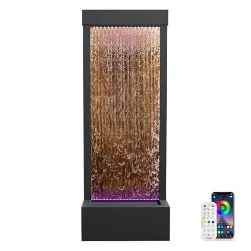 Produktbild: Longrun großer Gartenbrunnen, LED beleuchteter Zimmerbrunnen Wasserfall, 121 cm Bronze Spiegel Zimmerwasserwand mit Pumpe
