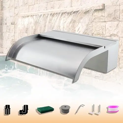 Produktbild: LONGRUNNEW Teich Wasserfallklingen Set, 30 cm Edelstahl Poolfontäne mit Zubehör, Breite 18 cm Gebogene Auslauf Spritzwand für Garten Patio Teichdekoration