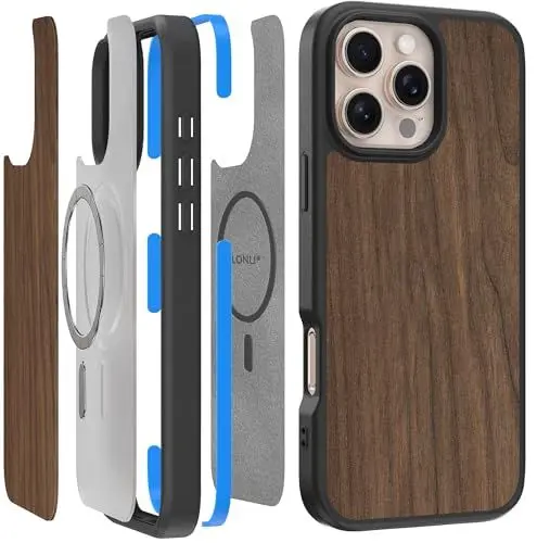 Produktbild: LONLI 2.0 - für iPhone 16 Pro Hülle - Der robusteste Holzmagnetische Schutz für das Telefon - (Kompatibel mit Magsafe) - Amerikanisches Walnussholz