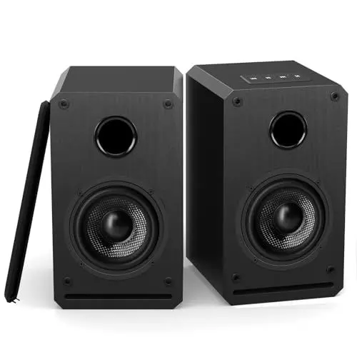 Produktbild: LONPOO 30W Kompakter PC-Lautsprecher Bluetooth, Aktiv Regallautsprecher mit USB, AUX-in, Kopfhörerausgang, 3-Zoll Kohlefaser Tieftöner, Klassisches 9mm Holzgehäuse (LP-42S)