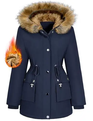 Produktbild: Lonya Winterjacke Damen Parka Winter Mäntel Fleecejacke Warm Mittellang Wasserabweisend Dicke Coat mit Kapuze Marineblau,L