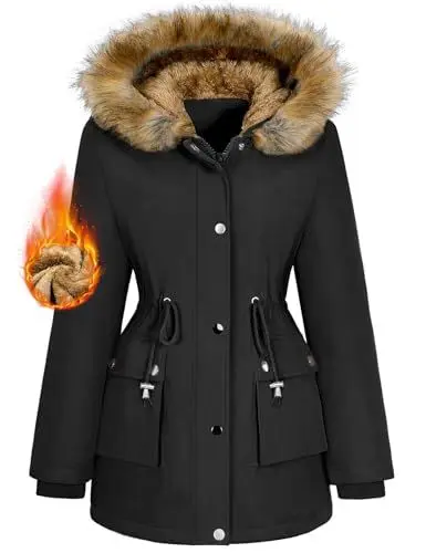 Produktbild: Lonya Winterjacke Damen Parka Winter Mäntel Fleecejacke Warm Mittellang Wasserabweisend Dicke Coat mit Kapuze Schwarz,XL