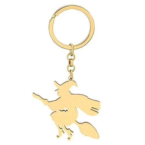 Produktbild: LONYOO Halloween Edelstahl Totenkopf Schlüsselanhänger Geist Kürbis Schlüsselanhänger Festival Schmuck Geschenke für Frauen Mädchen Charms (Vergoldet Hexe Besen)