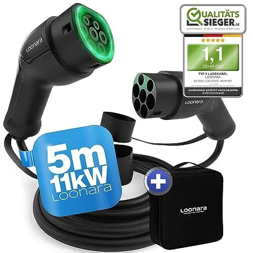 Produktbild: loonara Typ 2 Ladekabel 11kW 5m mit Tasche für E Hybrid - & E-Auto mit Typ 2 Ladekabel Stecker - Mode 3 Ladekabel Elektroauto Typ 2-16A ladekabel typ 2 kompatibel mit jedem Elektroauto schwarz