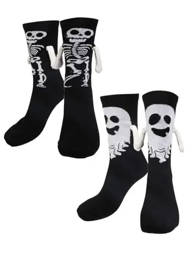Produktbild: LOOPES 2 Paare Socken Totenkopf Lustige Magnetische Socken Gespenst Funny Socks Nightmare Before Christmas Geschenke Hand in Hand Socken Witzige Magnetsocken Geschenk für Männer Damen Halloween Party