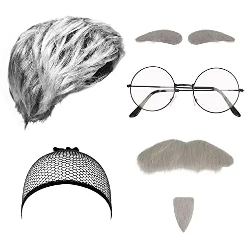 Produktbild: LOOPES 6tlg Opa Perücke Alter Mann Kostüm Set Großvater Accessoire mit Opa Perücke Grau Perückekappe Augenbrauen Schnurrbart Runde Brille Rentner Kostüm für Grandpa Fasching Karneval Halloween