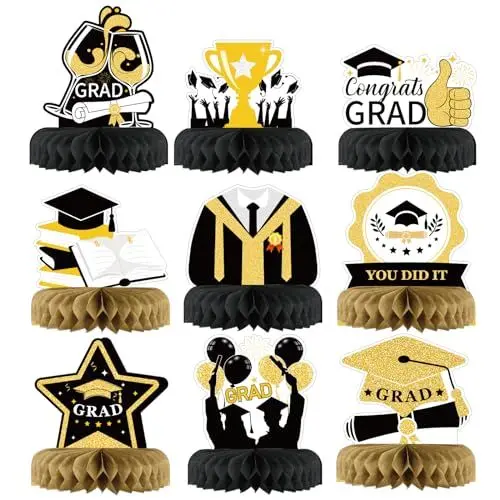 Produktbild: LOOPES 9 Stück Abschluss Deko Graduation Deko 2024 Abitur Bachelor Bienenwabe Deko Bestanden Prüfung Waben Tischdeko Abi Tischaufsätze Abschlussfeier Mittelstück für Abschluss Schulabschluss Party