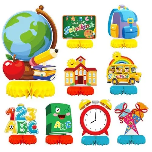 Produktbild: LOOPES 9 Stück Einschulung Deko Schulanfang Waben Tischdeko Schulkind 123 ABC Bienenwabe Tischdekorationen Schuleinführung Mittelstück Deko für Mädchen Jungen Schulanfang Einschulung Party Deko