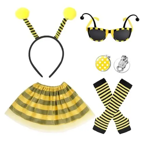 Produktbild: LOOPES Bienen Kostüm Set Kinder Bienenkostüm Cosplay Mädchen Karneval Kostüm FaschingKostüm Bienen Gestreifte Tutu Rock Haarreif Bienen Brille Ärmeln Ohrringe Mädchen für Karneval Halloween Party